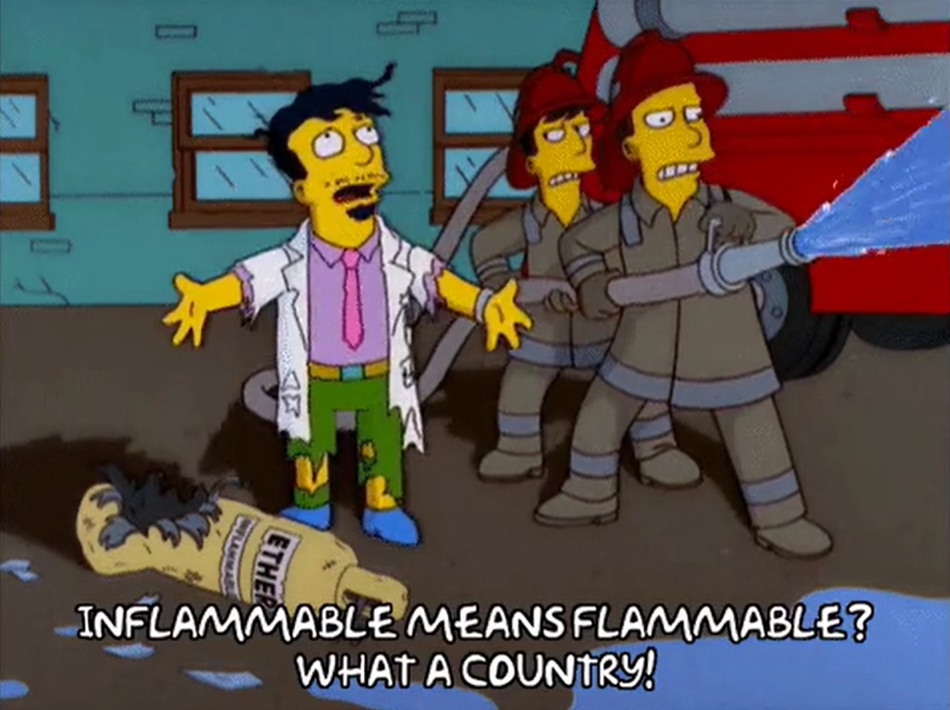 Simpsons S12E18:  Inflammable means flammable? What a country! 