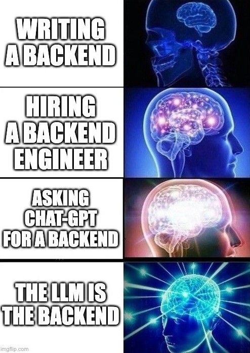 Writing a backend; Hiring a backend engineer; asking ChatGPT for a backend; the LLM is the backend.